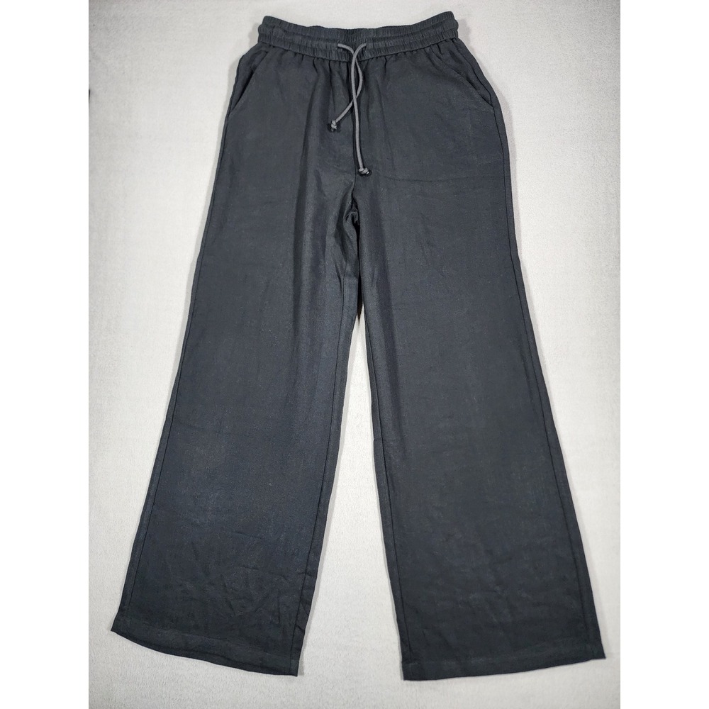 Halara Wide Leg Drawstring Casual Pants Black Small Regular Lounge Linen Look